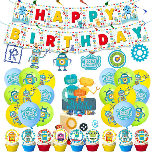 Robotfesttillbehörssats med 50 delar - Inkluderar Grattis på födelsedagen-banderoll, tårtdekoration och cupcakes-dekorationer, spiraldekorationer, latexballonger för barn