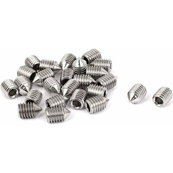 Sarja, jossa 16 kartiomaista ruuvia, pituus 5 mm, eri metrisillä kierteillä, M3, M4, M5 ja M6. Kuusiokoloruuvien sarja, valmistettu A2-luokan ruostumattomasta teräksestä.