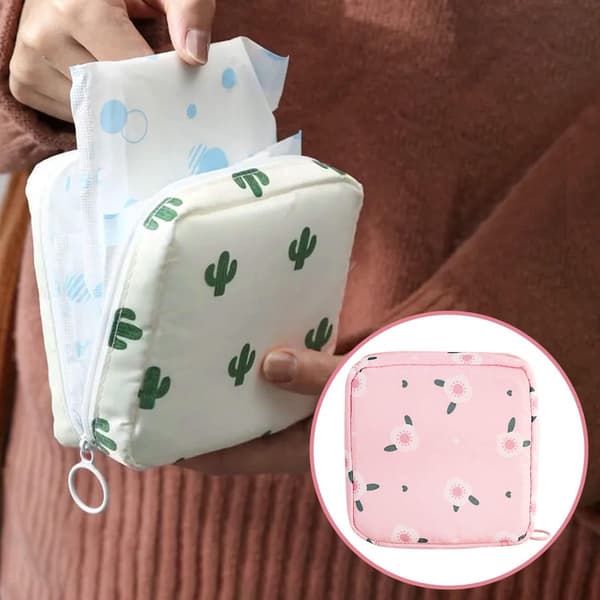Menstruationsbindspose, vaskbar polyester med lynlås, bærbar hygiejneopbevaring til kvinder, 2-pak, lyserød blomster & kaktus, 13 x 13 x 4,5 cm