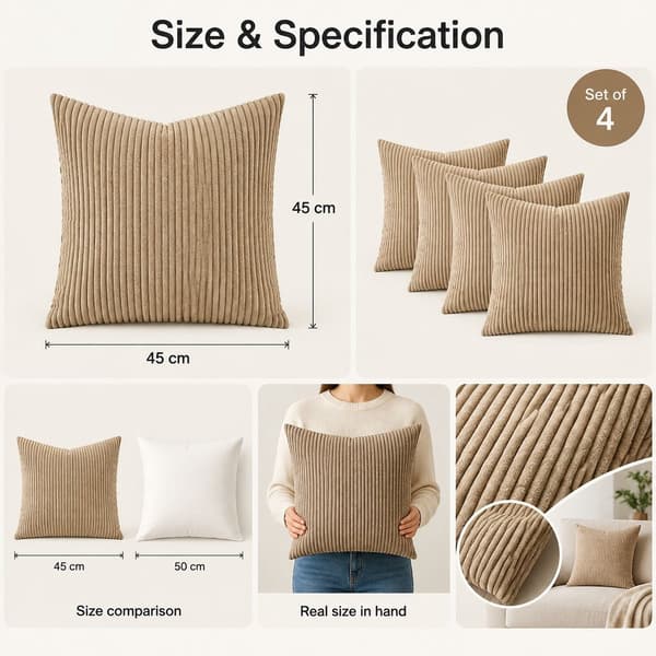 Fløjls Pudebetræk, Bløde Dekorative Pudebetræk, Sæt Med 4 Til Sofa, Soveværelse Og Stol, Skandinavisk Stil, 45 x 45 cm