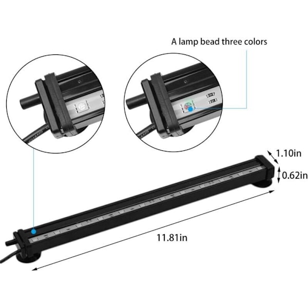 Vandtæt Akvarielys med Fjernbetjening 5050 LED Farveskiftende med 24-Tasters Controller til Ferskvands- og Saltvandsakvarium 30cm..DEBUNS