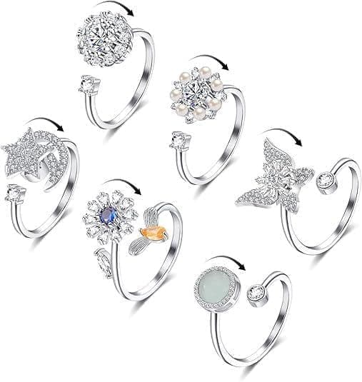 6 st Öppen antistressring - Roterbar Antistressring, Fidget Spinner Ring Silver