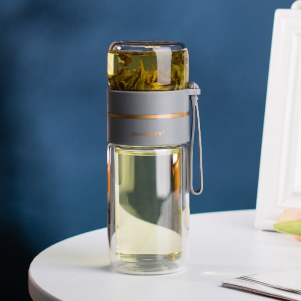 IC Dubbelväggig Glas Mugg med Teinfuser Bärbar Mugg för Lös Te-Resemugg med Sil Mugg för Dubbla Ändamål - Grå