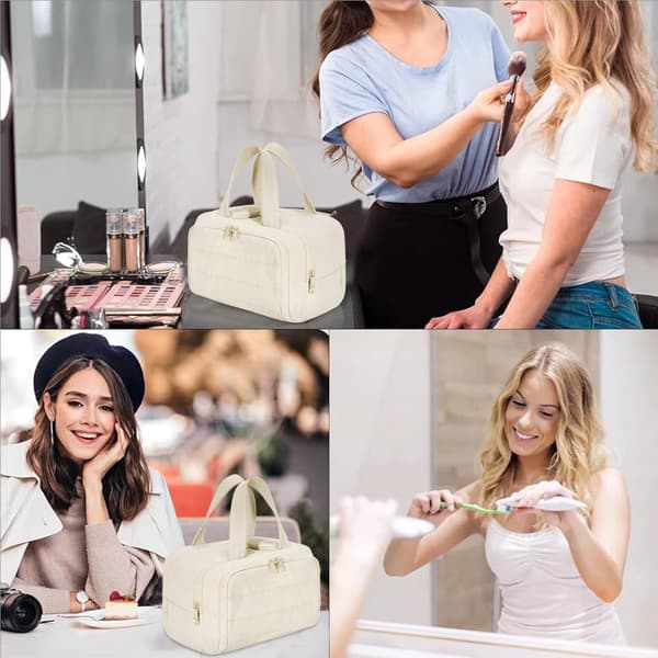 Rejsetoilettaske til kvinder med bred lynlåsåbning og flere rum Bærbar kosmetik-makeup-organizer Beige