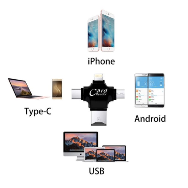 IC 4-in-1-kortlukija Type-c/Lightning/Micro USB/ USB 2.0 kaikki yhdessä musta