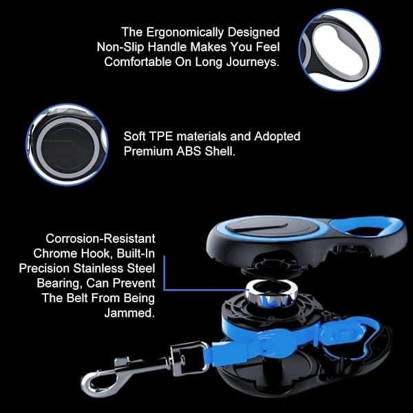 Retractable Dog Leash, Reinforced, Expandable with Non-Slip Handle & Adjustable Dog Leash, Tangle-Free, 5m/16ft Strong Nylon Webbing, (Blue)