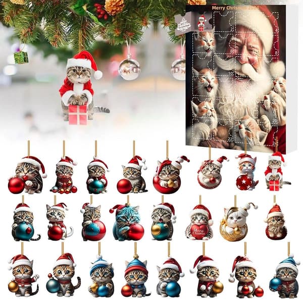 Julekalender, 24 dage med søde kattefigurer, akrylvedhæng, til katteelskere, stil A