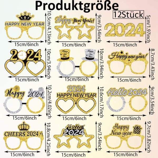 Paket med 12 nyårsdekoration 2024, nyårsdekoration, festglasögon för gott nytt år, roliga tillbehör till nyårsafton, nyår' 1 set