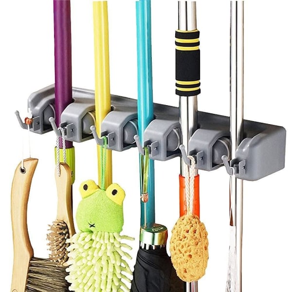 IC Kvastmopphållare Tidy Organizer, Väggmonterad Organizer med 5 positioner 6 krokar för borstmopp och borstverktygsförvaring
