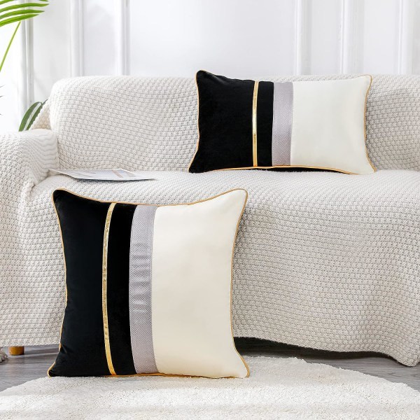 IC Patchwork svart sidenliknande kuddfodral i cover med guldrandigt fodral Modernt lyxigt fyrkantigt örngott, 20x20 tum