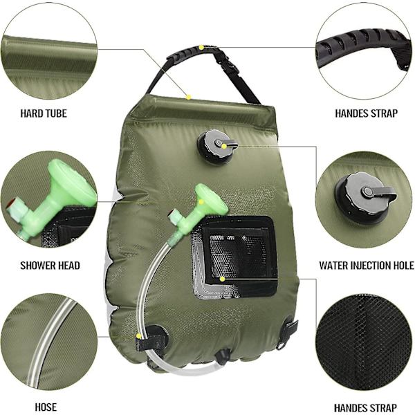 Camping Solarduschpåse, 20L Bärbar Solarduschpåse Resecamping Dusch Varmvattendusch Med Duschhuvud Och På/Av-Knapp För Utomhus/Trädgård/h