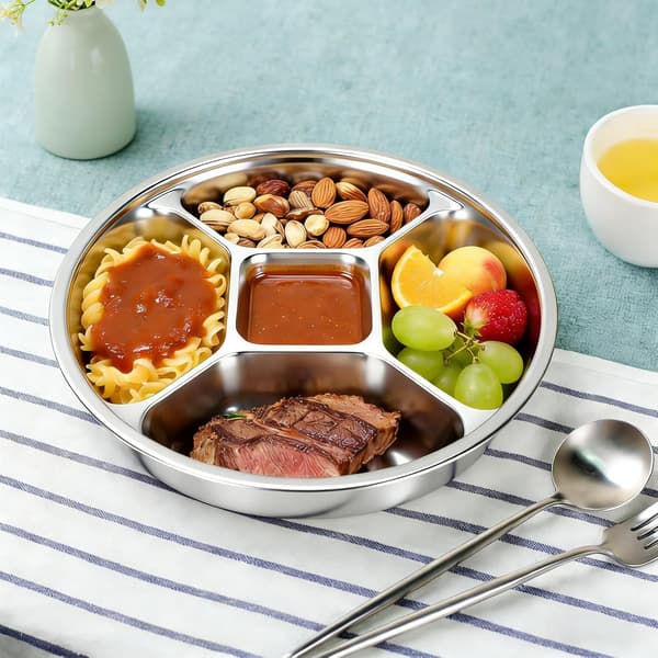 Serveringsbricka i rostfritt stål med 5 fack, diskmaskinssäker tallrik för portionskontroll, 22,4 cm, 2-pack