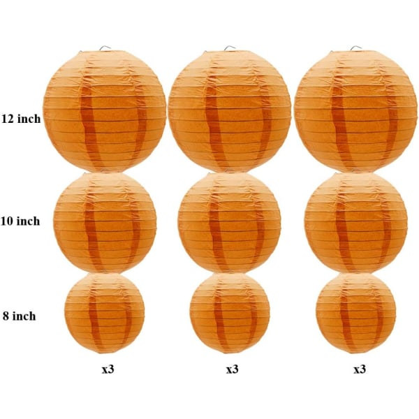 IC Runde Hængende Papirlanterner Dekorationer til Fest Bryllup Fødselsdag Babyshower Tilbehør, 12'', 10'', 8'', 9 Pak - Orange
