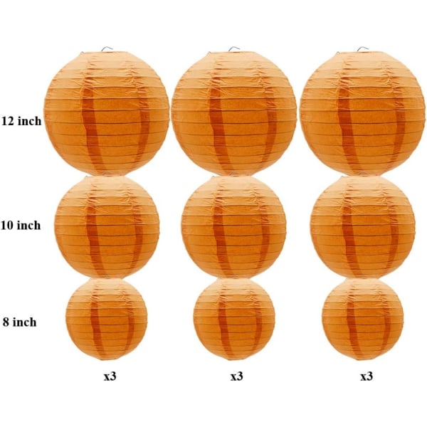 IC Runde Hengepapirlykter Dekorasjoner for Fest Bryllup Fødselsdag Baby Shower Tilbehør, 12'', 10'', 8'', 9 Pakk - Oransje