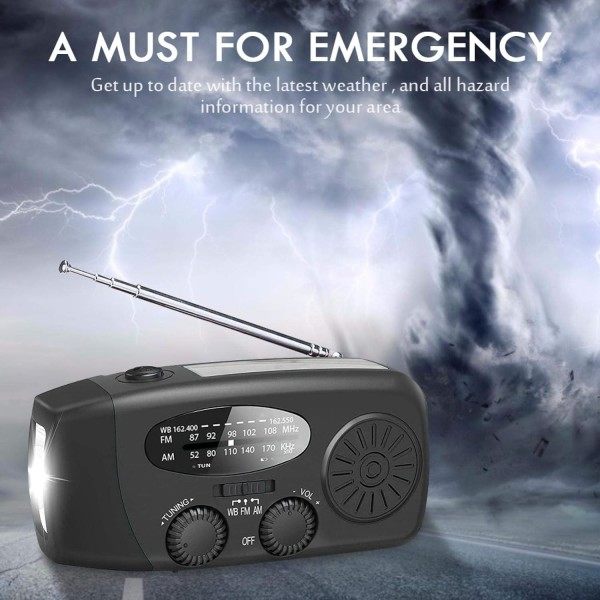 Vevradio med solceller, lommelygte og 1200mAh Powerbank SOS-WELLNGS sort