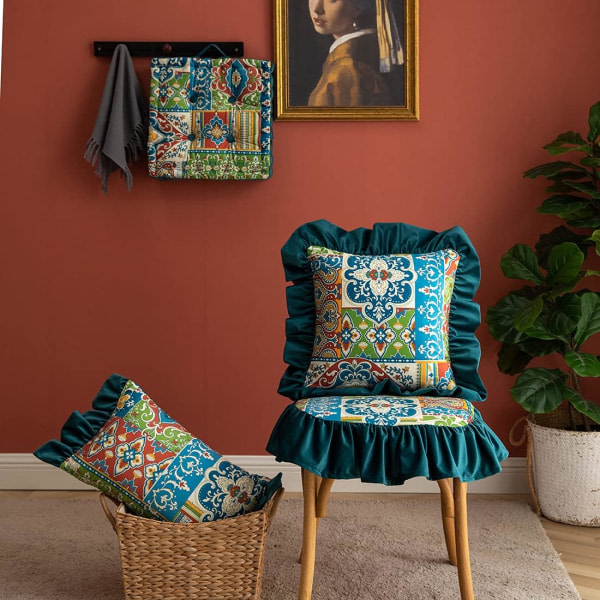 IC Boho tryckt volangöverdrag Fyrkantigt mjukt sammet dekorativt överdrag för bäddsoffa soffa (FSLK, 18\"x18\")