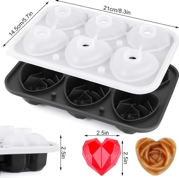 Silikone isterningebakke, 2,5 tommer 3D hjerte- og diamantforme med låg, til whisky og cocktails