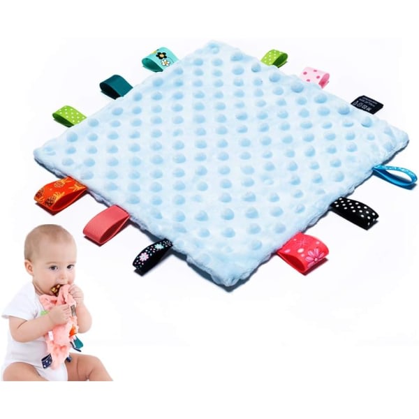 IC Baby Säkerhetsfiltar - Lugnande plyschfilt til baby med farveglada etiketter, 10"X10" fyrkantiga sensoriske leksaker-blå
