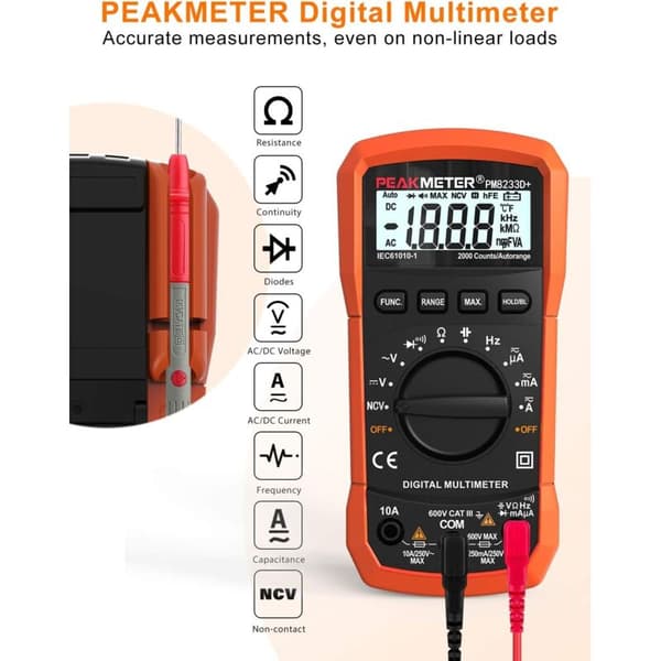 Auto-Ranging Digital Multimeter med AC/DC Spændings Amp-Ohm Tester, Resistens Kontinuitet Kapacitans Frekvens Diode Tests, Data Hold NCV