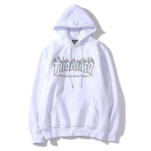 Unisex Thrasher Hoodie med Tryckt Bokstav, Dragkedja, Huva och Fickor, Svart, Storlek L