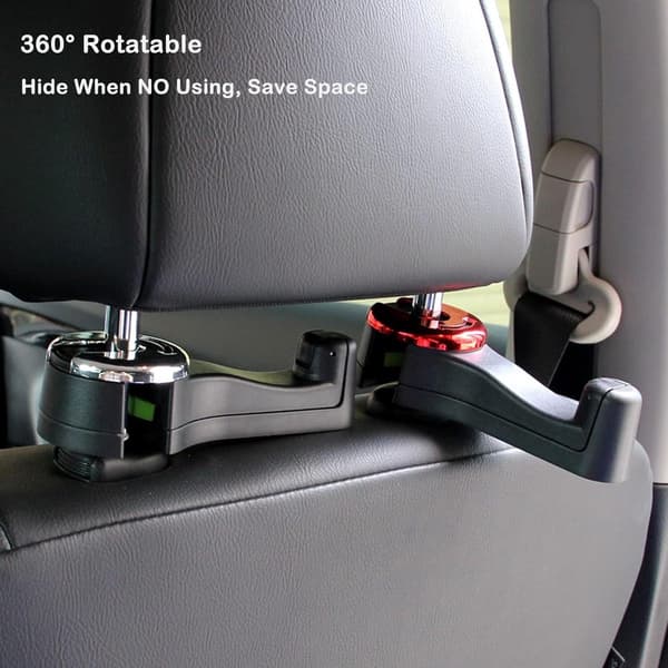Bilnackstödskrokar, ABS 360° roterande sätesförvaringshängare med silikonskydd, 2-pack för väskor och kläder, svart