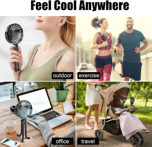 Mini Klapvognsventilator, USB Genopladelig, Stille, 3 Hastigheder, 360° Roterende, Silikone Stativ, Til Babyklapvogne Og Barnesenge, Sort