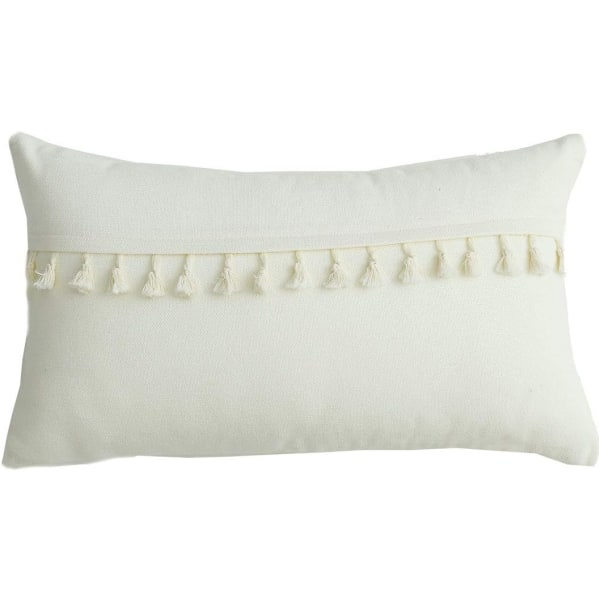 IC Boho Dekorativt Ryggstöd med Tofsar för Soffan Supermjukt Solid Case (Off White, 12\"x20\")