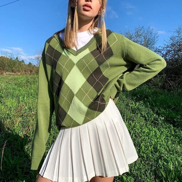 IC Kvinner Argyle Rutete Genser Langarmet Preppy England X-Large