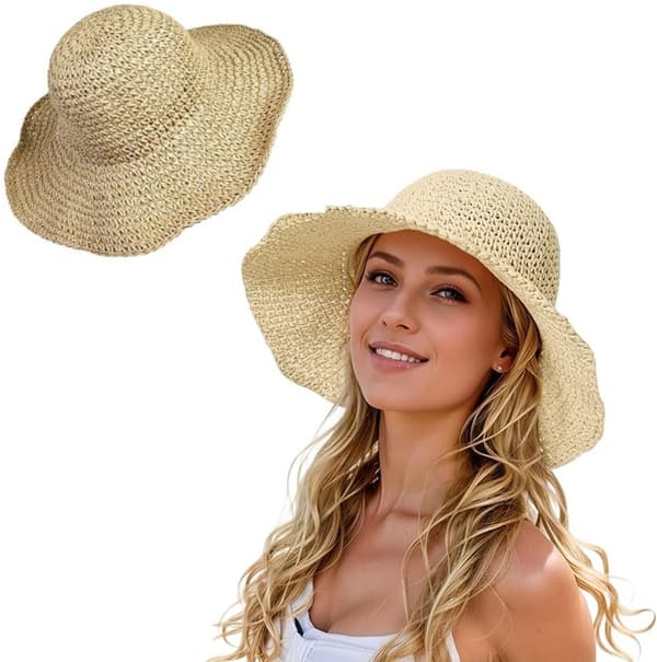 Damehatte i strå - Foldbar strandhat - Sommer og ferie - Solhatte til kvinder - Rejsevenlig - Stråhat - 56-58cm
