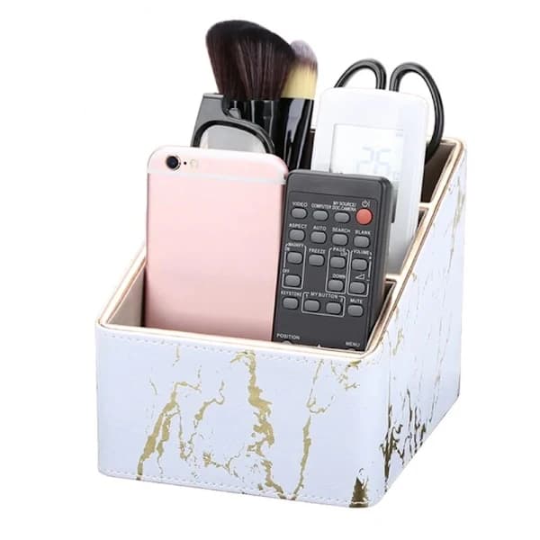 Multifunctional Marble Leather Desktop Storage, Pen Holder, Mobile Phone Holder, Remote Control Storage, Office, White