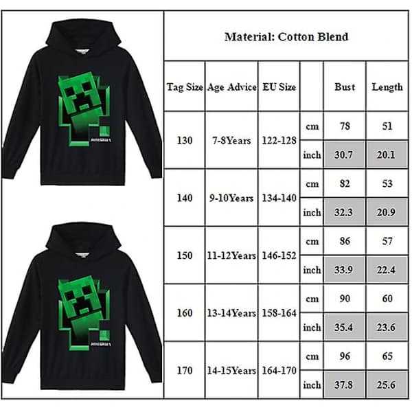 Børns Minecraft Trykte Hættetrøjer Creeper Hættetrøje Toppe Sort 7-8 År Black 7-8 Years