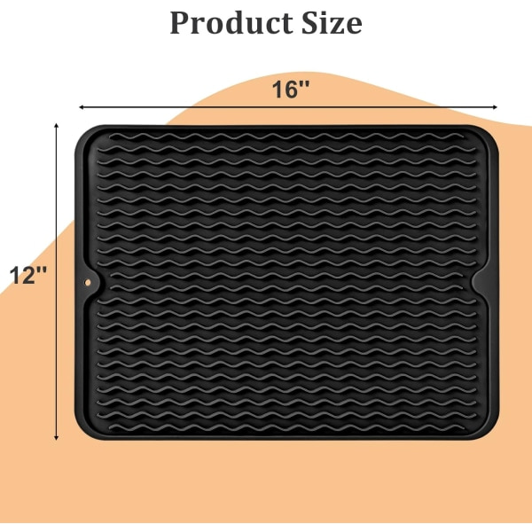 IC Opvaskematte, silikone tørremåtte Varmebestandig opvaskematte Skridsikker, nem at rengøre tørremåtte til køkkenvask (40,64 cm x 30,48 cm, sort)