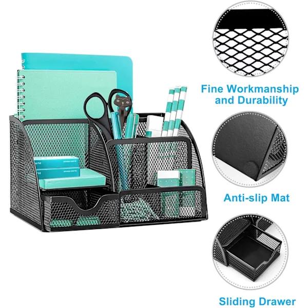 Mesh Desktop Organizer, Multifunctional Desk Storage & Pen Holder with 6 Storage Compartments and 1 Pull-out Drawer Black Black