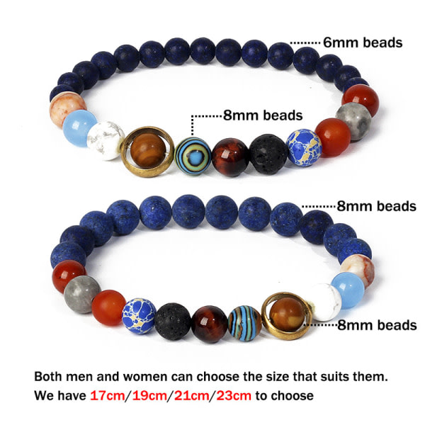 IC Kosmisk Solsystem Vulkanisk Sten Otte Planeter Par Stjerne Armbånd Dame Blå Sand 6+8MM