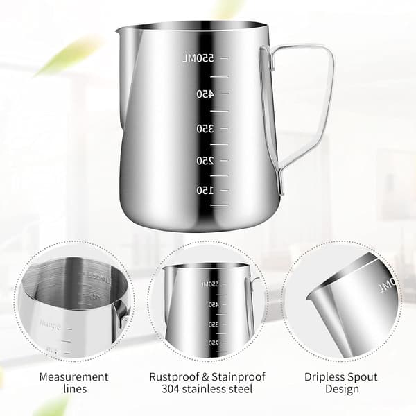 Mælkekande i 304 rustfrit stål 600 ml - 16 kaffedekorationsskabeloner + Latte Art Pen