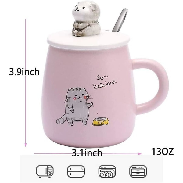Kattmugg, söt keramisk kaffemugg, med 3D kattformat lock och sked 10x8cm (rosa)