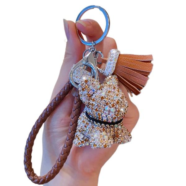 Piger Mode Luxe Diamant Halskæde Nøglering Læder Tassel Reb Rhinestone Nøglering (Brun) IC