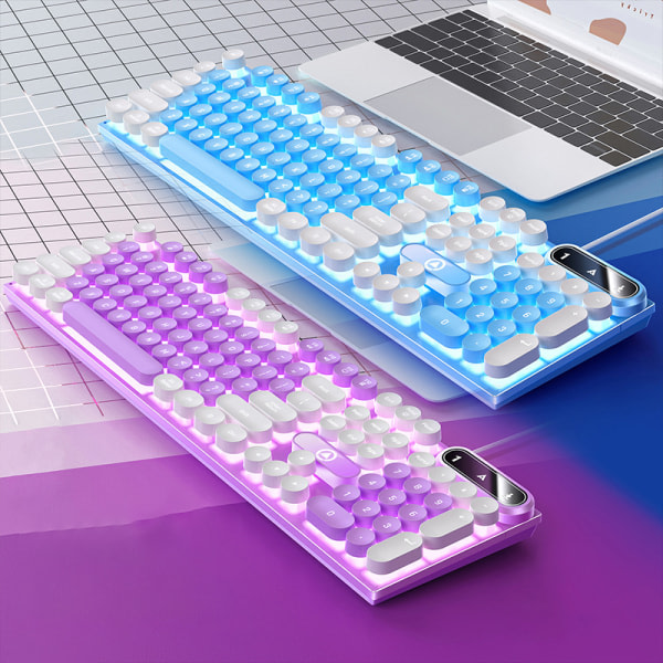 Mekanisk spelbart tangentbord med vit bakgrunnsbelysning Blå
