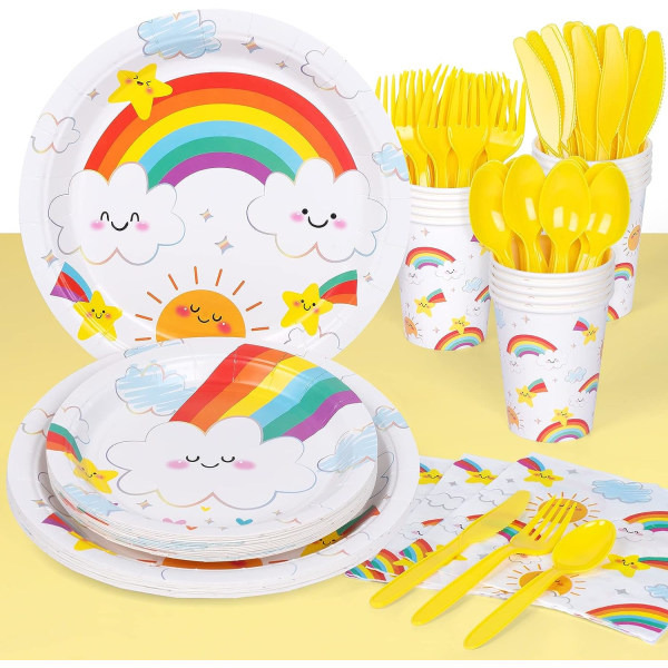IC Rainbow-juhlatarvikkeet 16 vieraalle, Rainbow-syntymäpäiväkoristeet tytöille, lautasliinat, pöytäliinat, kupit, välineet mukana, yhteensä 113 kpl
