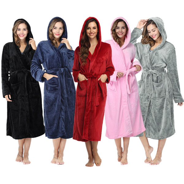 Vinterrock i varm fleece for kvinner med huva, lang badrock med luva og plysch Pink M