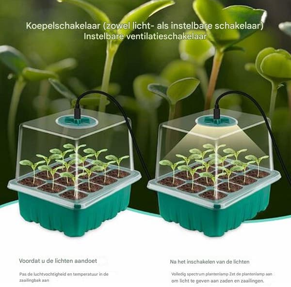 Fröstartbricka med växtlampa, 5-pack 12-cells groddningskit med fuktighetskupol, timer och ventiler för inomhusodling