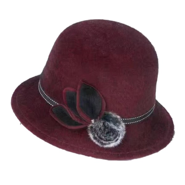 Dam Dam Vintage Ull Rund Fedora Bows Cloche Derb Filt Bowler viininpunainen Yksi koko