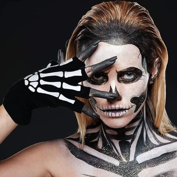 IC 2 par Halloween Skelet Knogle Unisex Handsker Nye Punk Fingerløse Handsker Gløder i Mørket Stræk Stickade Vinterhandsker, Sorte