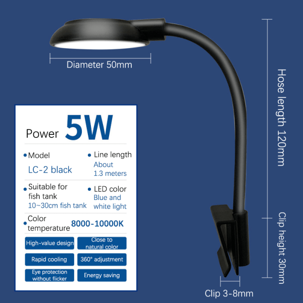 IC Fish Tanks Clip-on Lys Klemme LED Perlelys 360-graders Rota Sort