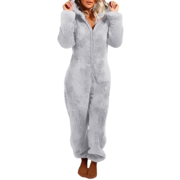 Hettegenser med dragkedja för kvinner Plysch långärmad pyjamas Bodysuits i ett stykke GREY S