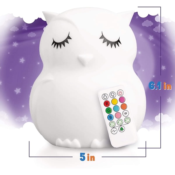 IC Owl Kids Natlampe, Kælenatlampe til baby og småbørn, Silikon LED-lampe, Fjernbetjent, USB-opladeligt batteri, 9 tilgængelige farver, T