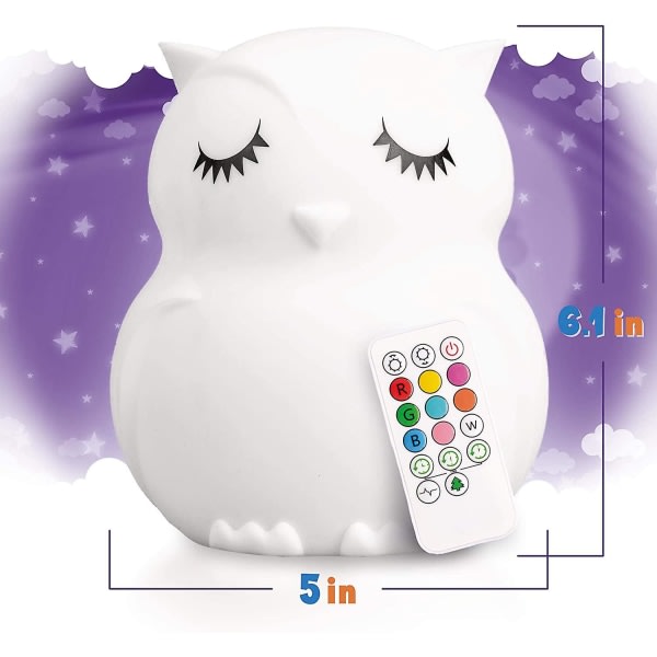 IC Owl Kids Nattlampa, Krambar barnkammare för baby och toddler, Silikon LED-lampa, Fjärrstyrd, USB uppladdningsbart batteri, 9 tillgängliga färger, T