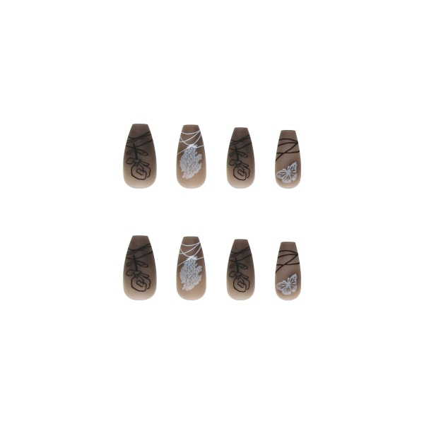 24 st Press on Nails Långa kista falska naglar Svarta lösnaglar med vit fjäril Matt design Akrylnaglar Brun Gradient