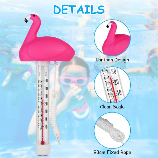 Flydende pooltermometer, pooltermometer, flydende termometer med snor, udendørs/indendørs pooltermometer, pools, kar og akvarier, flamingoer Flamingos