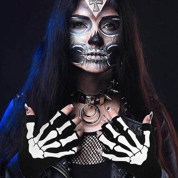 IC 2 par Halloween Skelet Knogle Unisex Handsker Nye Punk Fingerløse Handsker Gløder i Mørket Stræk Stickade Vinterhandsker, Sorte